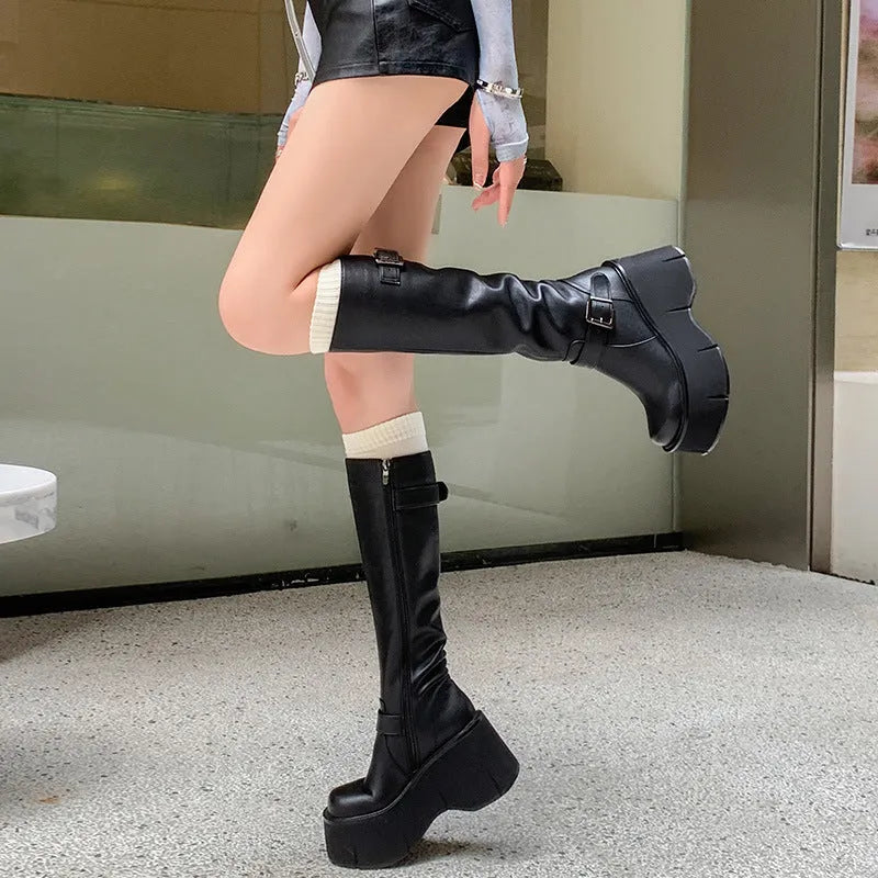 Black artificial PU women's tall knight boots with chunky heel and front lace-up stitching details round toe