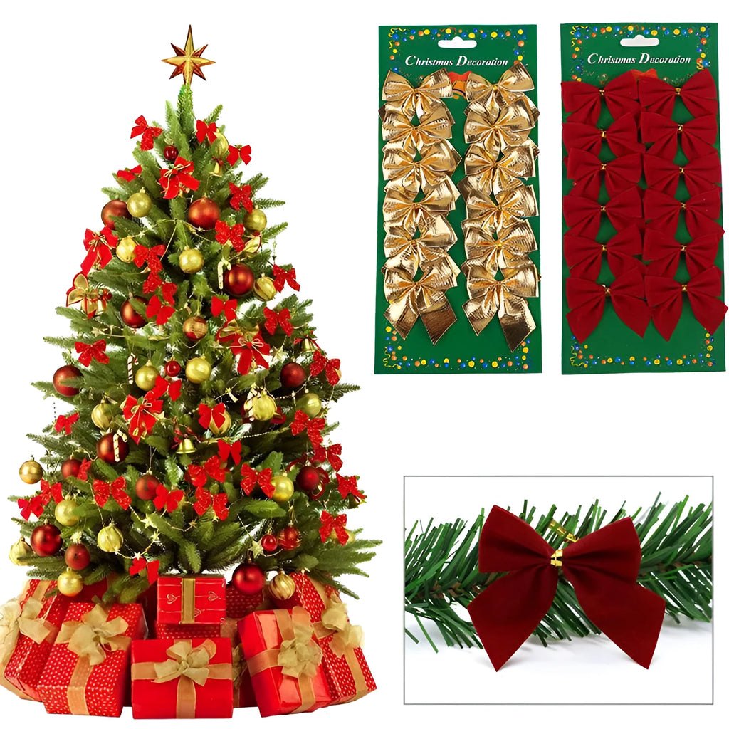 5 cm polyester Christmas tree bow ornament in traditional red gold silver colours