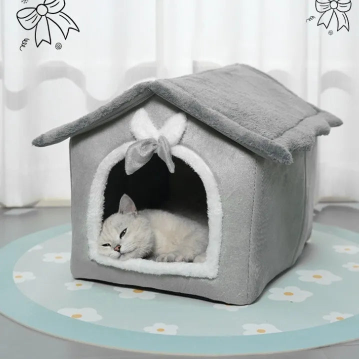 Small plush PP cotton pet house nest with bowknot design for cats and small dogs, winter warm indoor use