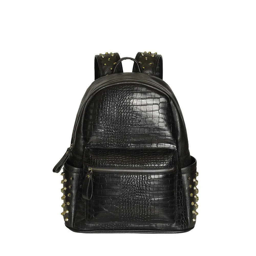 Black oil-wax PU leather computer schoolbag with rivets, showing large 36-55L capacity.