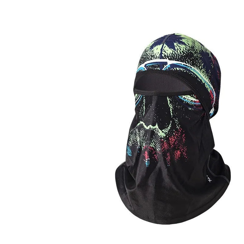 Unisex cotton motorcycle head cover in average size 55-60cm with dome cap design, shown with included gloves.
