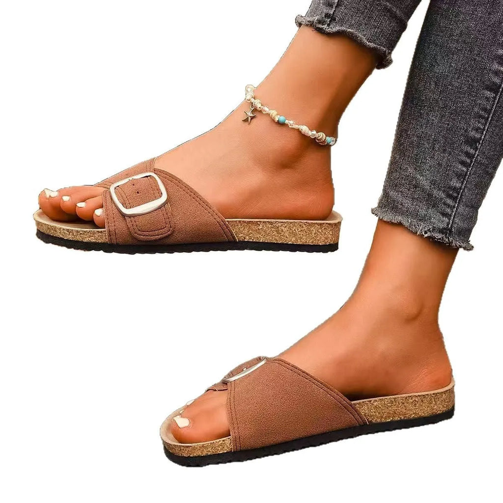 Women's canvas open toe sandals with belt buckle in solid colour, available in black, dark brown, light gray, sizes 35-43