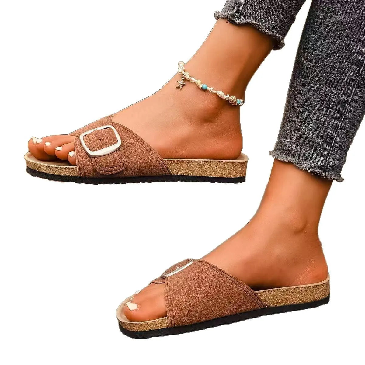 Women's canvas open toe sandals with belt buckle in solid colour, available in black, dark brown, light gray, sizes 35-43