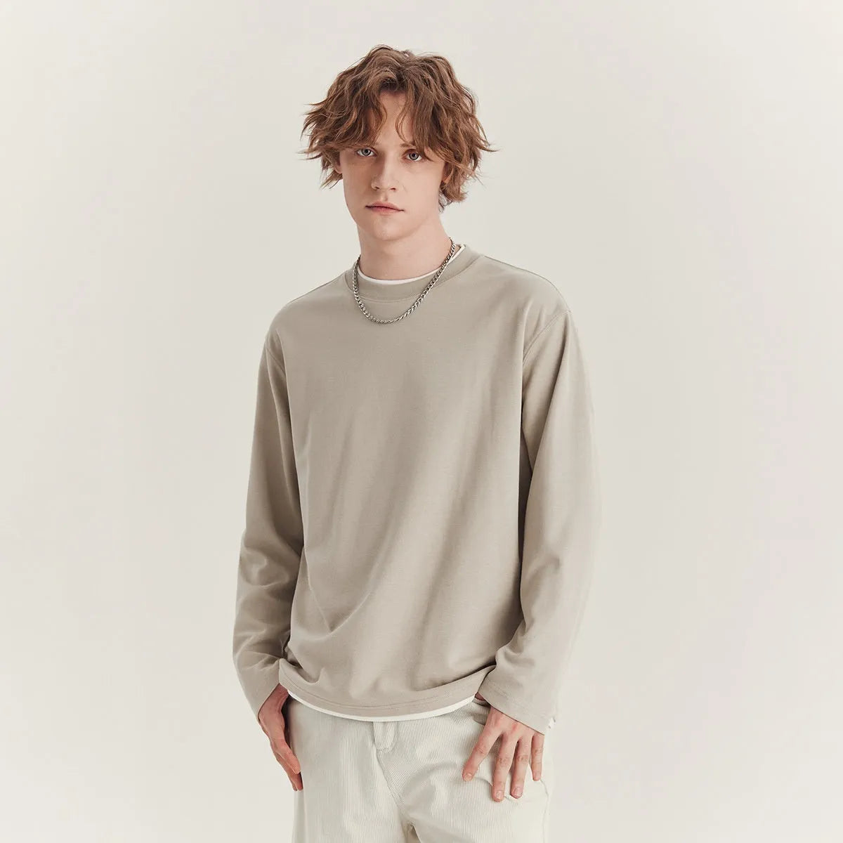 Men's loose fit long sleeve cotton blend t-shirt in melange grey colour