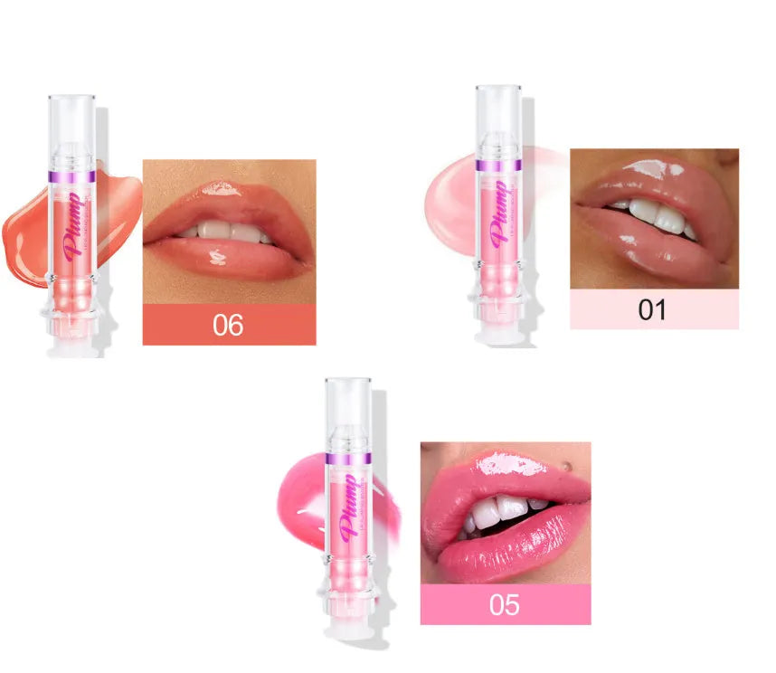 Tube of lip gloss showing shiny finish, available in six different colour shades.