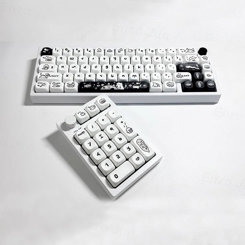 Kitten's Fantasy MOA height key cap set with black and white cat design on white background