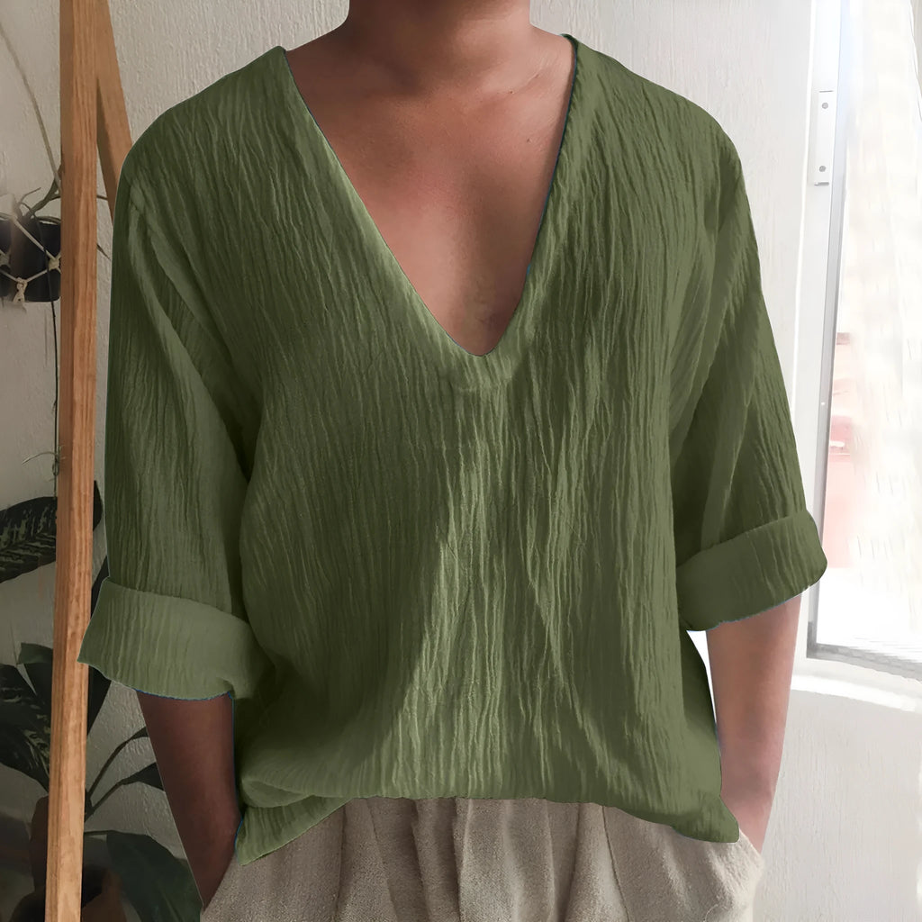 Men's long sleeve V-neck T-shirt in washed cotton and linen blend, shown in a solid colour.