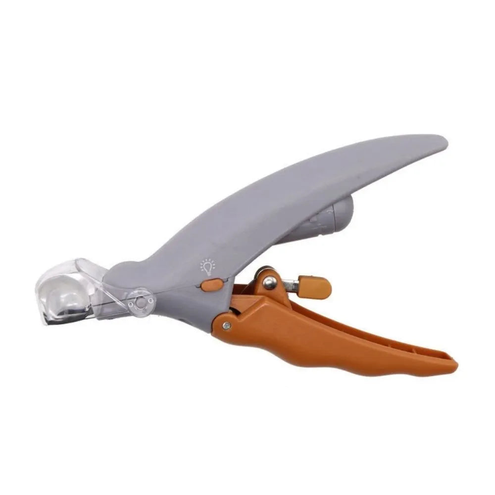 Yellow LED pet nail clippers with magnifying lens and safety guard for dog and cat grooming