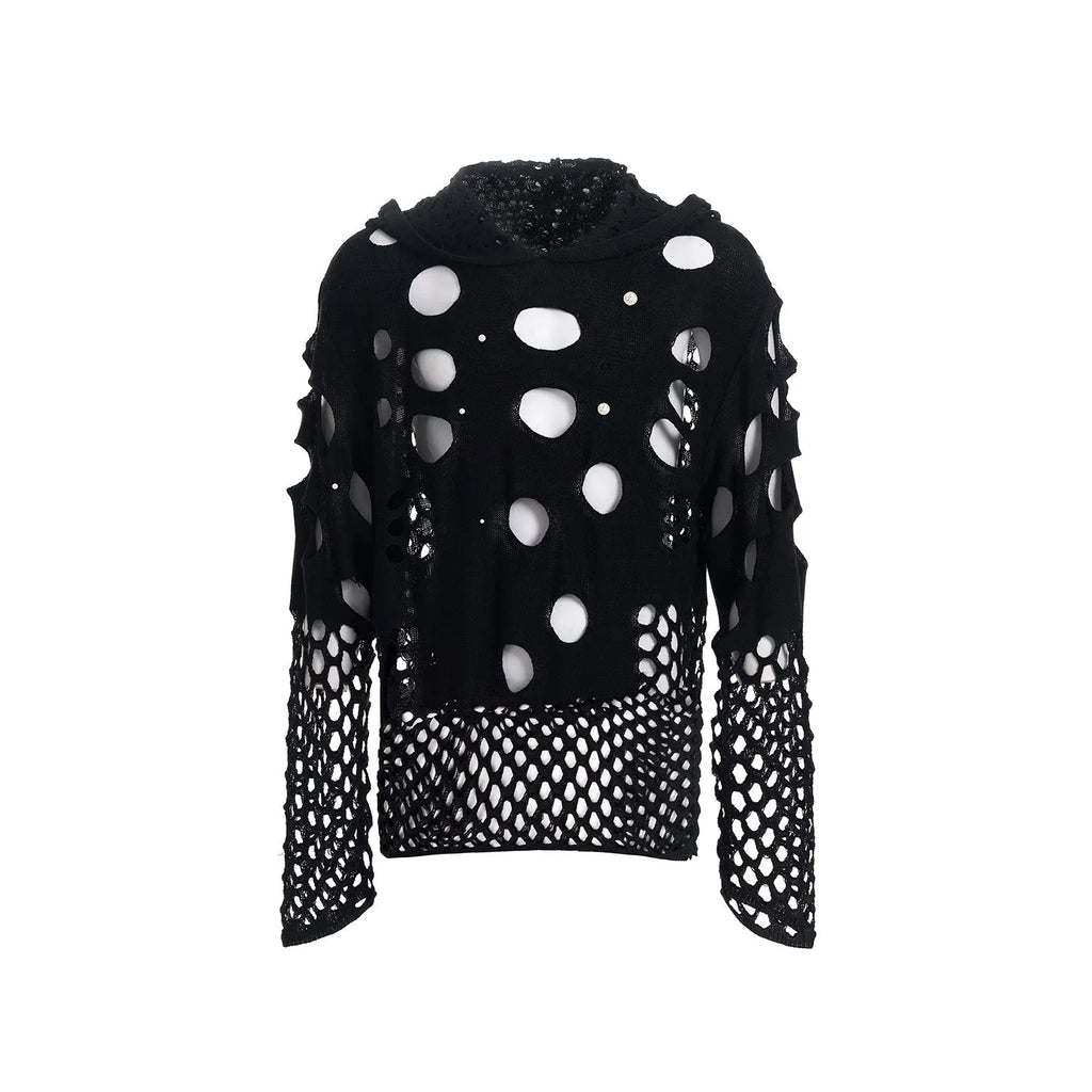 Black men's loose hoodie with pearl bead trim detail on the front of the hood.