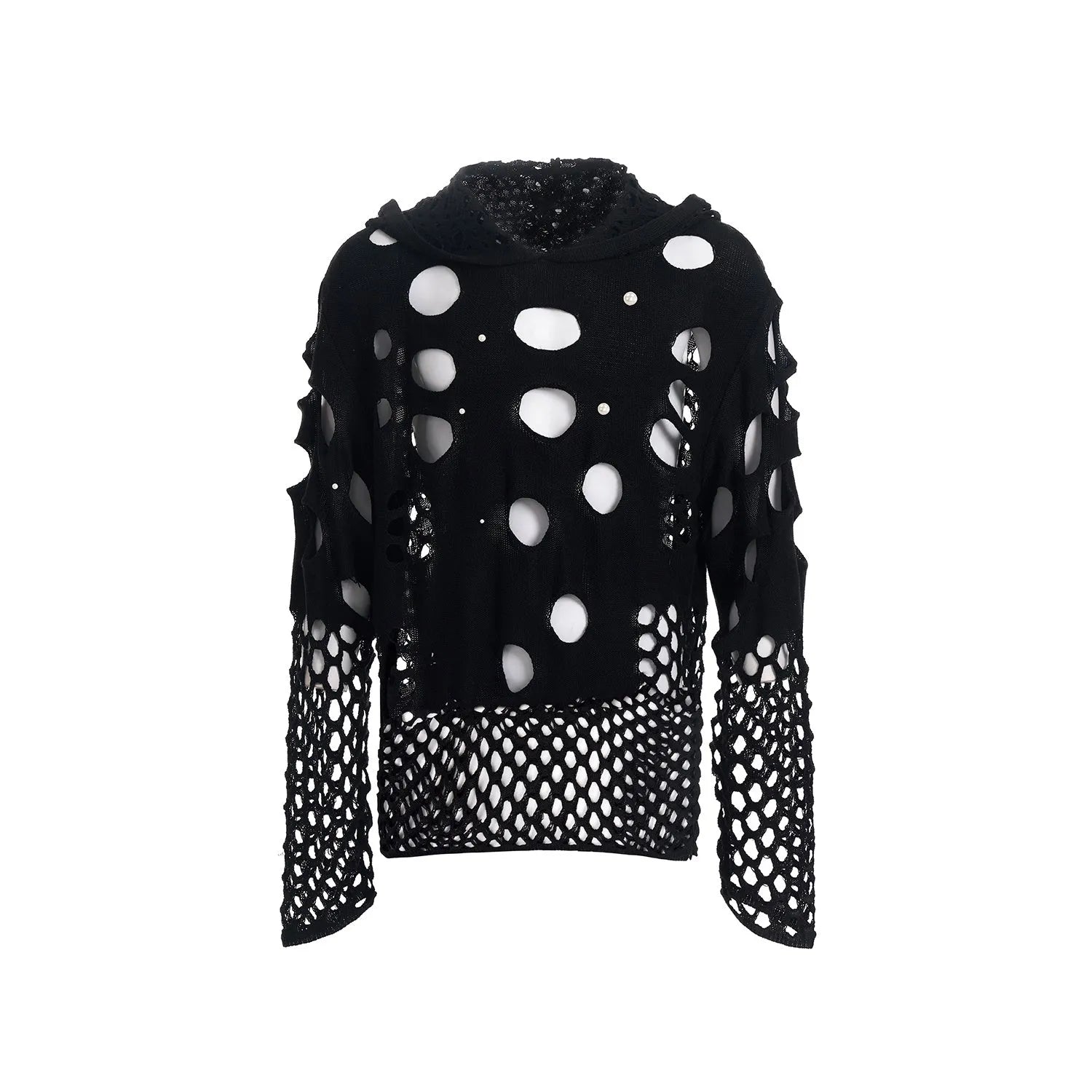 Black men's loose hoodie with pearl bead trim detail on the front of the hood.