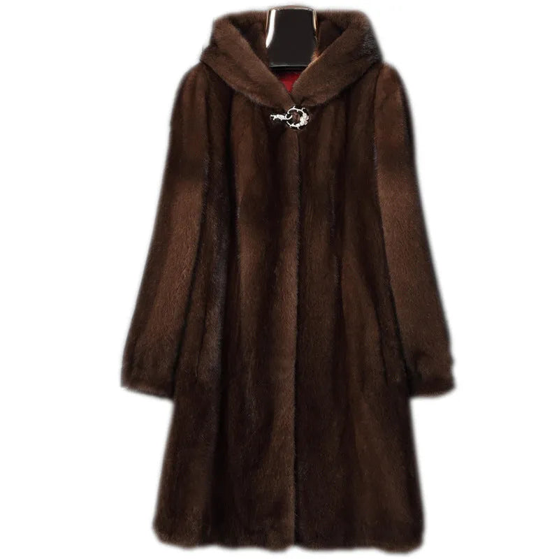 Women's long black faux fur hooded coat for autumn winter street fashion