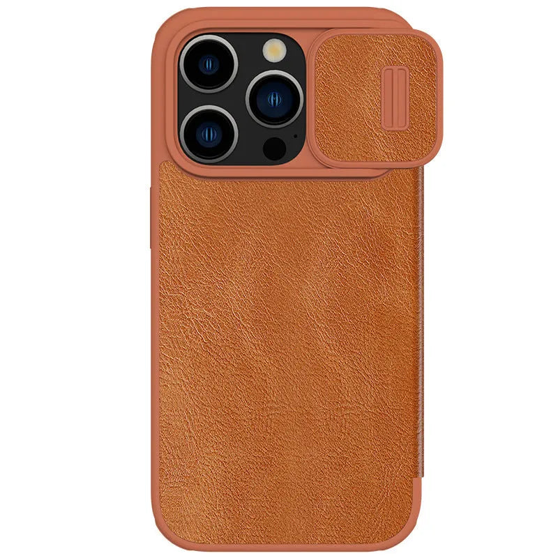 iPhone 15 Pro Max imitation leather flip wallet case in black showing front cover closed.