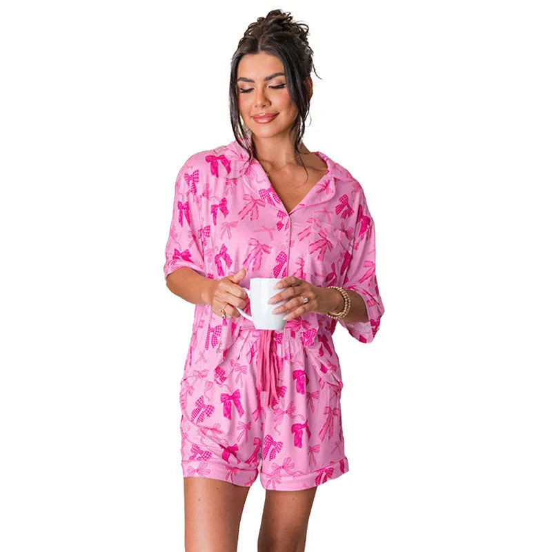 Pink bow print polyester pajama set with top and pants for sleepwear