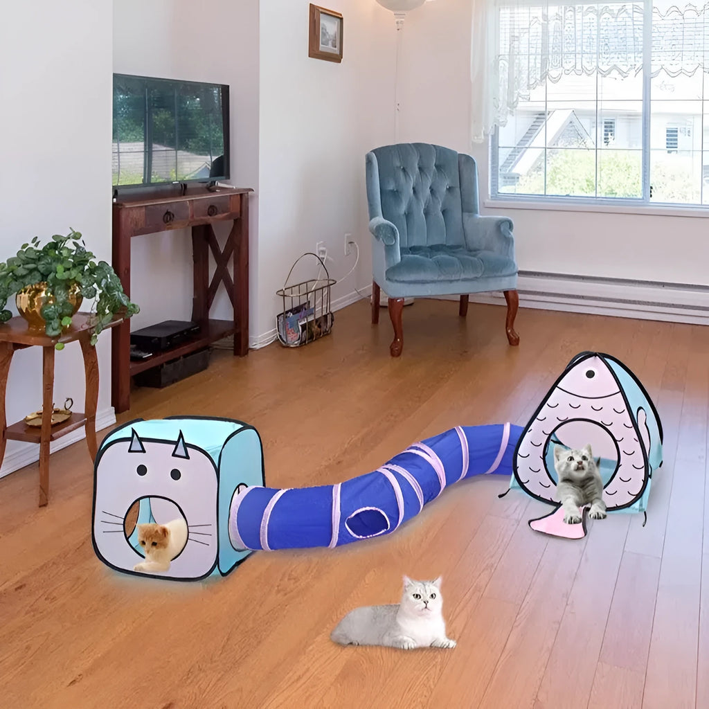 Foldable pet tent and tunnel three-piece set with cat and fish print design.