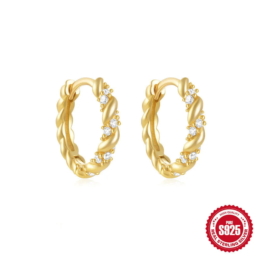 Small round geometric sterling silver stud earrings with diamond accents in gold or silver finish
