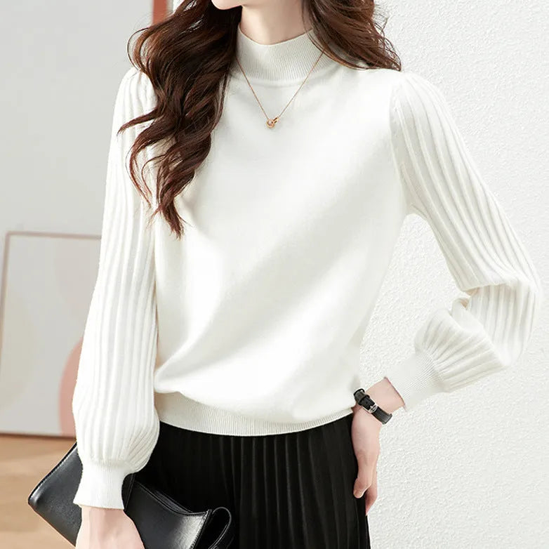Slimming half turtleneck spandex shirt with sunken stripe design in apricot colour