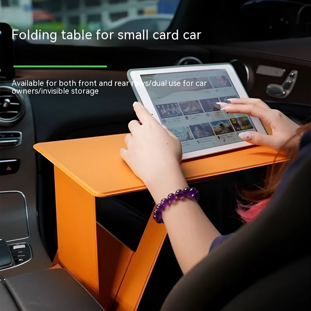 Foldable wooden laptop stand in black with storage area and folded legs on a flat surface