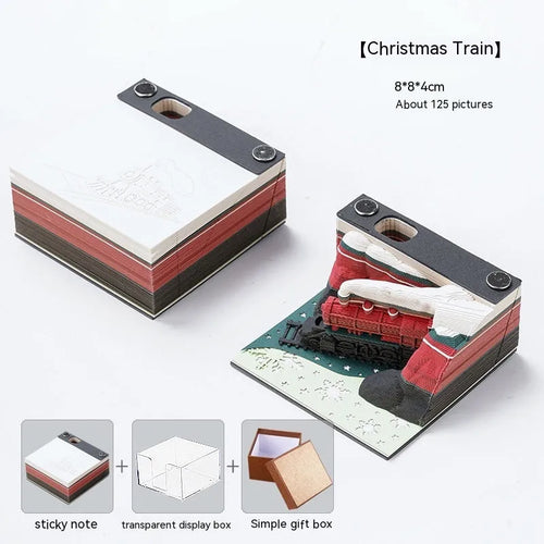 3D paper carving sticky notes pad with Christmas train cover design showing raised decorative elements