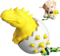 Blue durable rubber dinosaur dog chew toy with integrated rope for aggressive chewers.