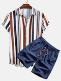 Men's casual digital print short sleeve shirt and matching shorts set on a hanger