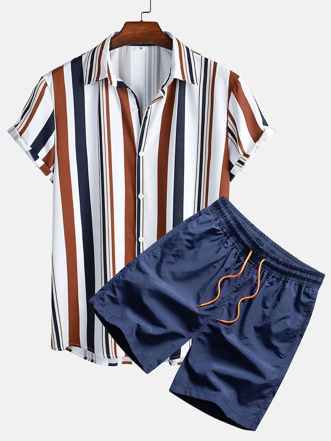 Men's casual digital print short sleeve shirt and matching shorts set on a hanger