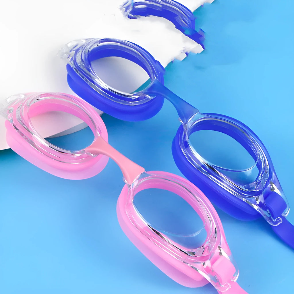 Waterproof anti-fog swimming goggles with prescription lens options from 200 to 600 degrees in protective case