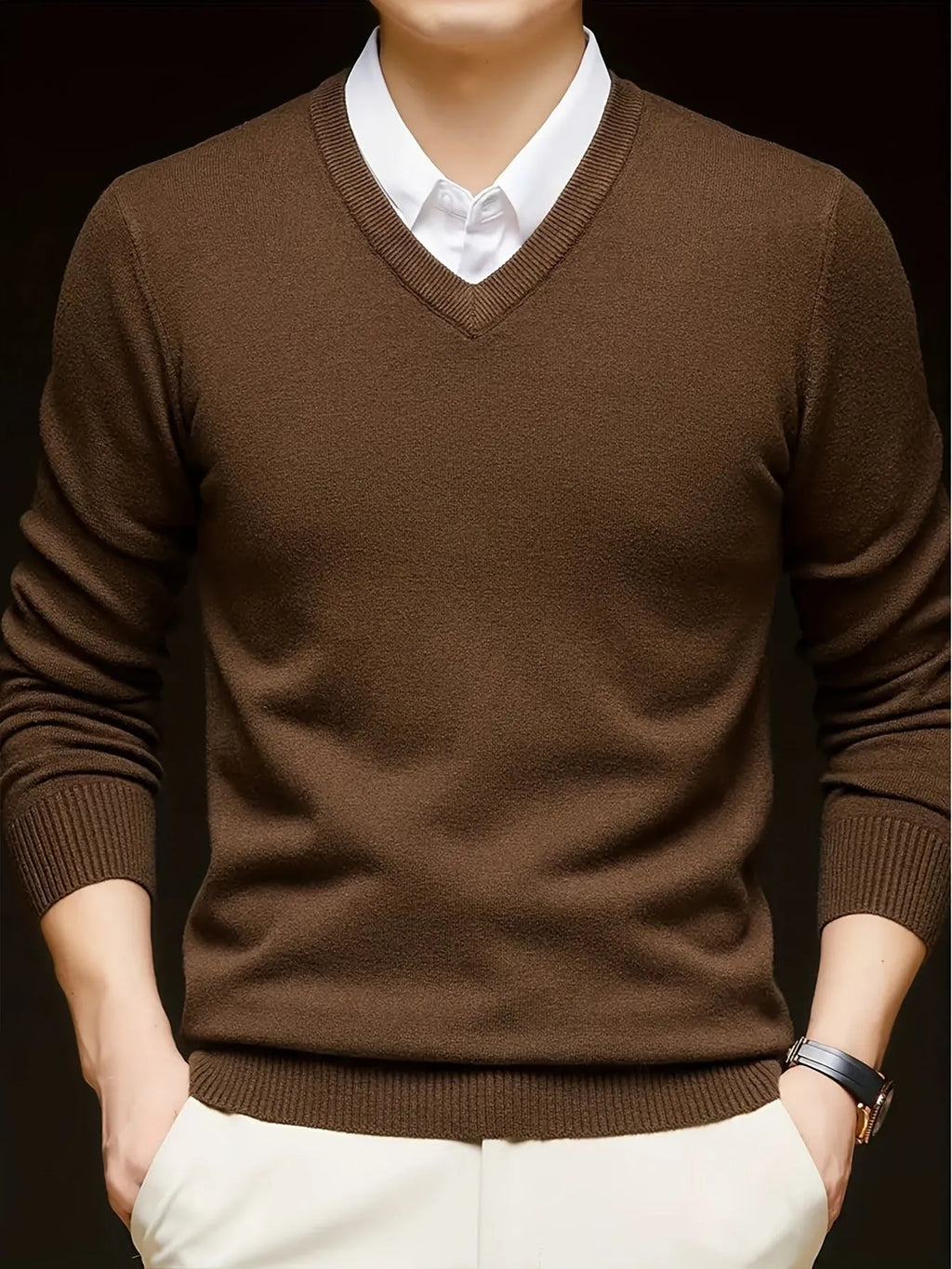 Men's casual thin V-neck woolen sweater in black, loose fit, available in multiple sizes and colours