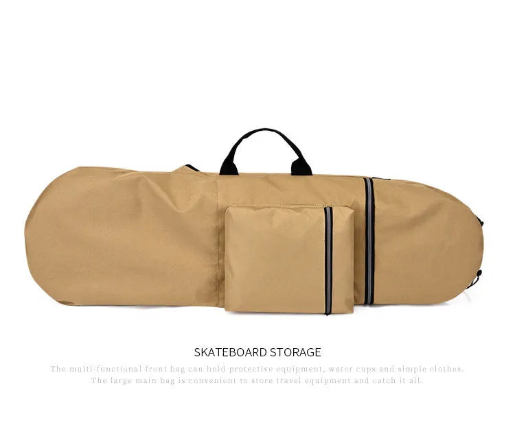 Lightweight waterproof nylon skate backpack in camouflage colour, shown with skateboard and fishing rod.