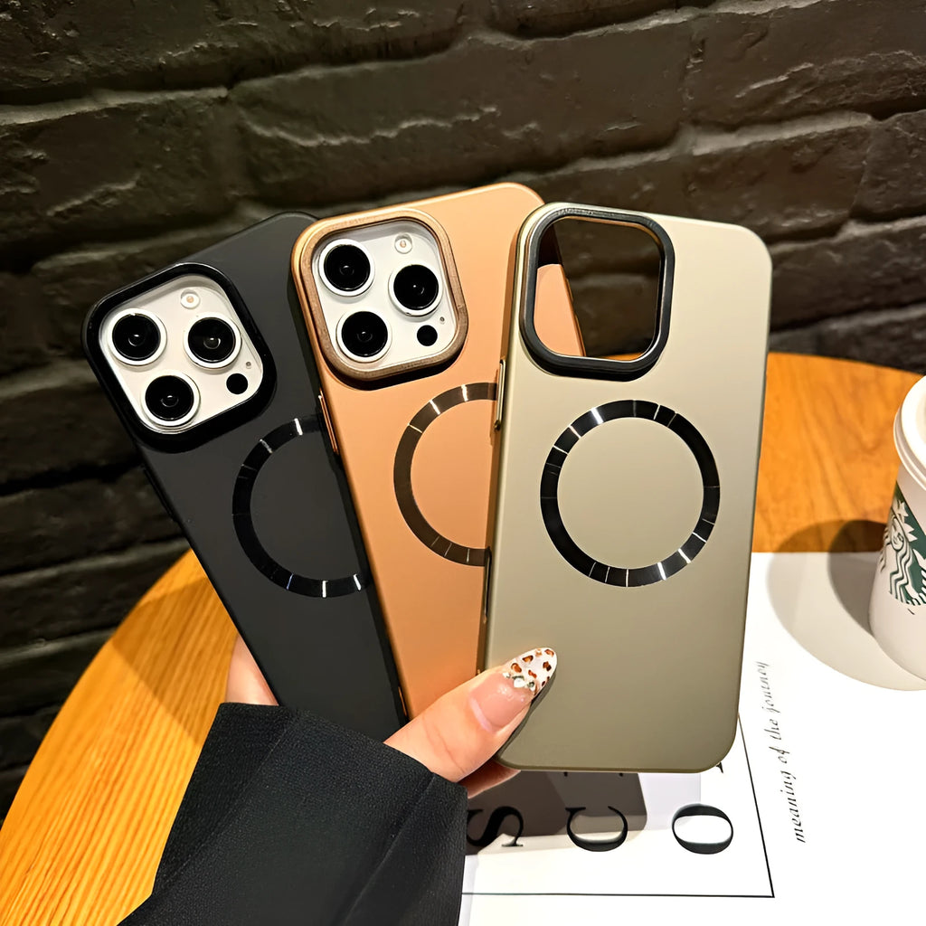 PC hard magnetic phone case with bracket in desert gold for iPhone 15