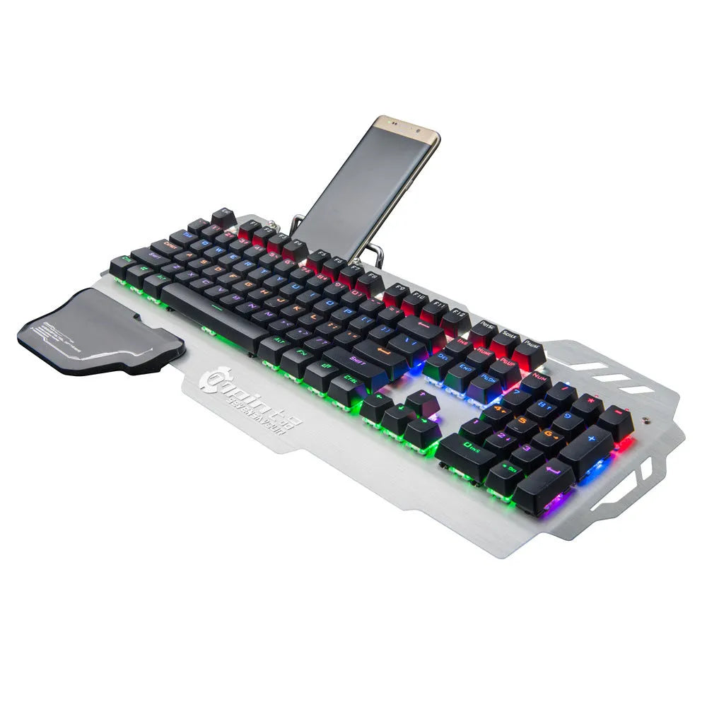 Silver metal gaming keyboard with wrist splint accessory on desktop