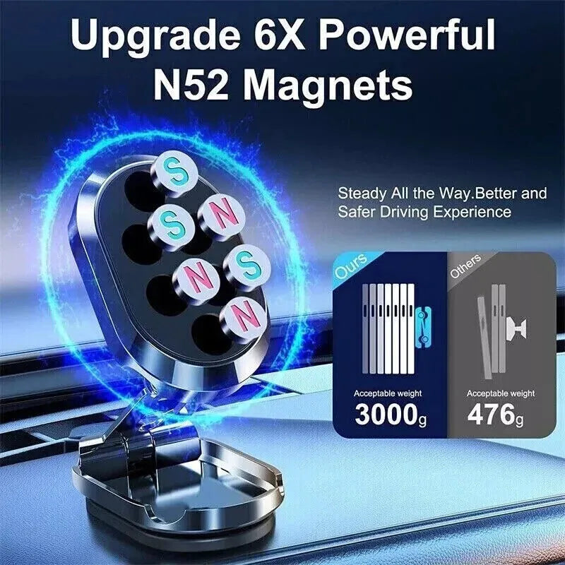 Chrome magnetic car phone holder dashboard mount folded and extended views showing foldable bracket and adhesive base
