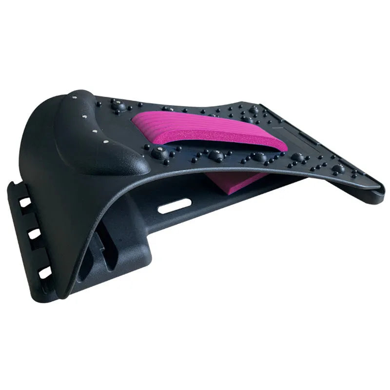 A black back massager and stretcher device with plastic pins and magnetic points on an adjustable frame.