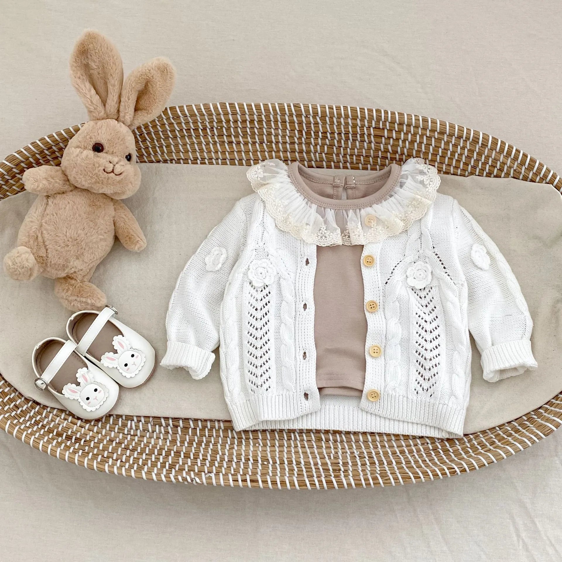 Beige baby girl hand crocheted flowers twist knit pure cotton jacket with long sleeves