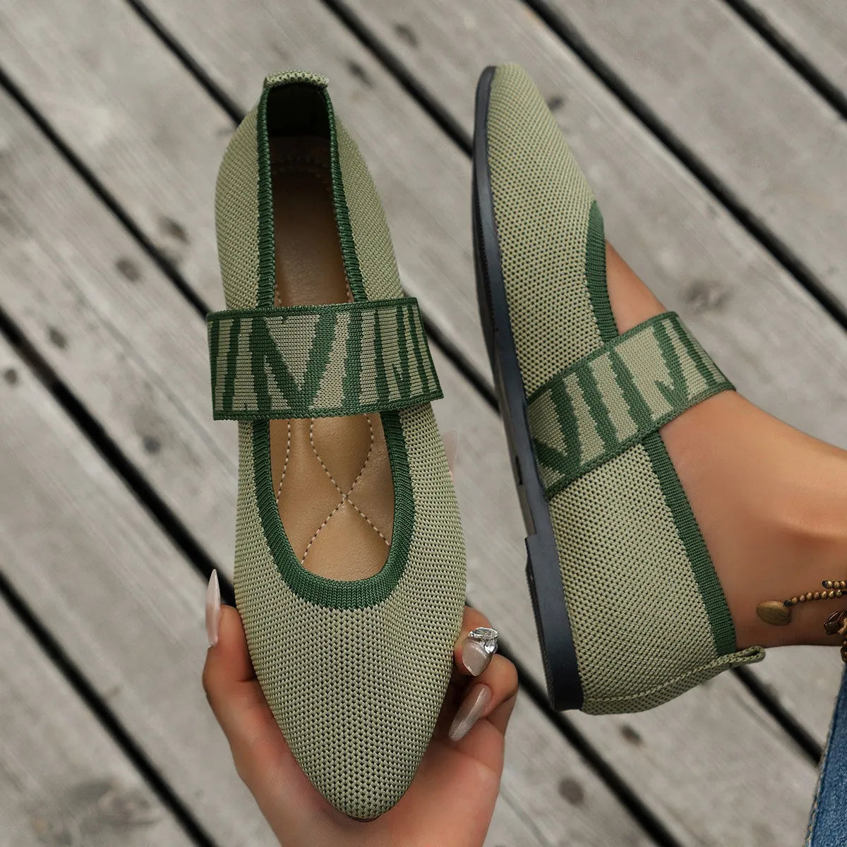 Women's striped pointed toe flat loafers with mesh upper in beige – side view