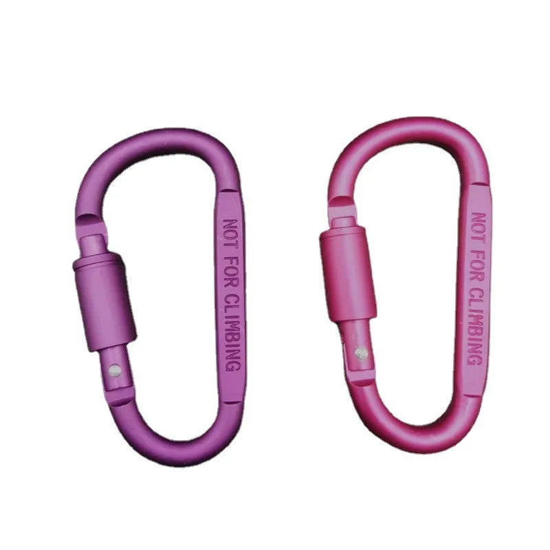 Silver D-shaped aluminium locking carabiner with an 8cm profile on a grey background.