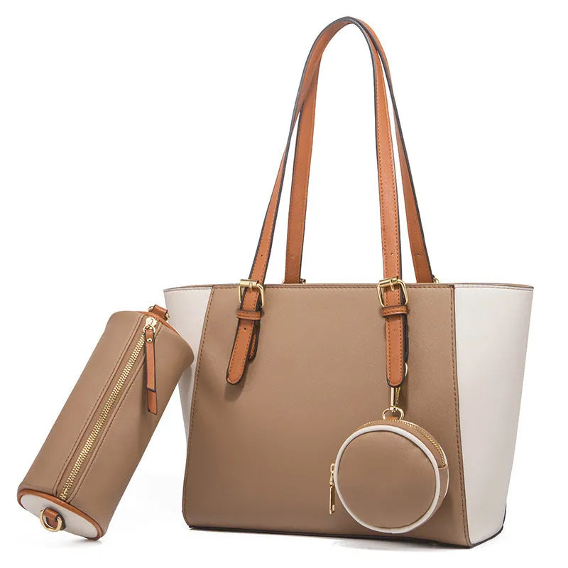 Fashion large capacity three-in-one PU Saffiano bag set in khaki with contrast colour details and double shoulder straps