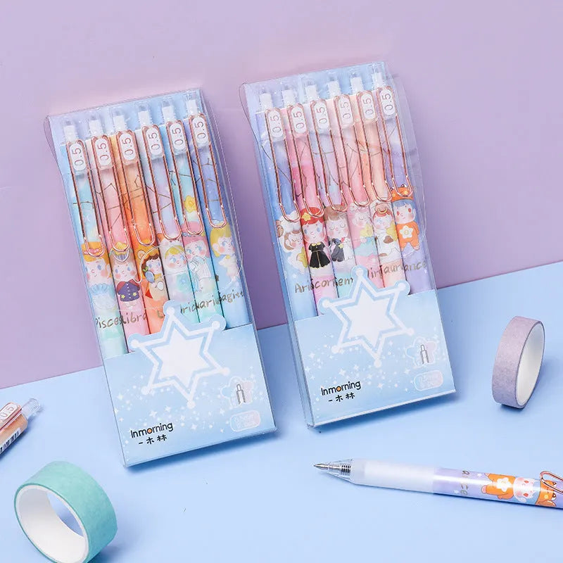 Six press gel pens with cartoon constellation designs, showing styles A and B.