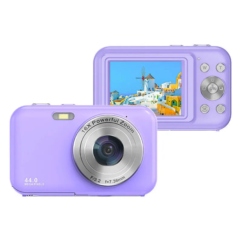 Children's digital camera in colours black, green, pink, purple with 2.4-inch screen, 44MP and 16X zoom.