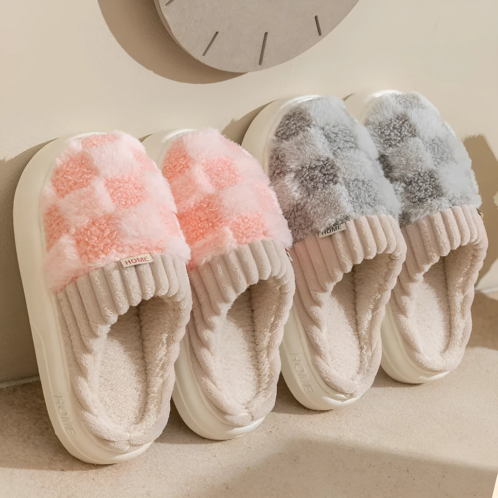 Women's plaid plush slippers with anti-slip PVC sole and round toe design