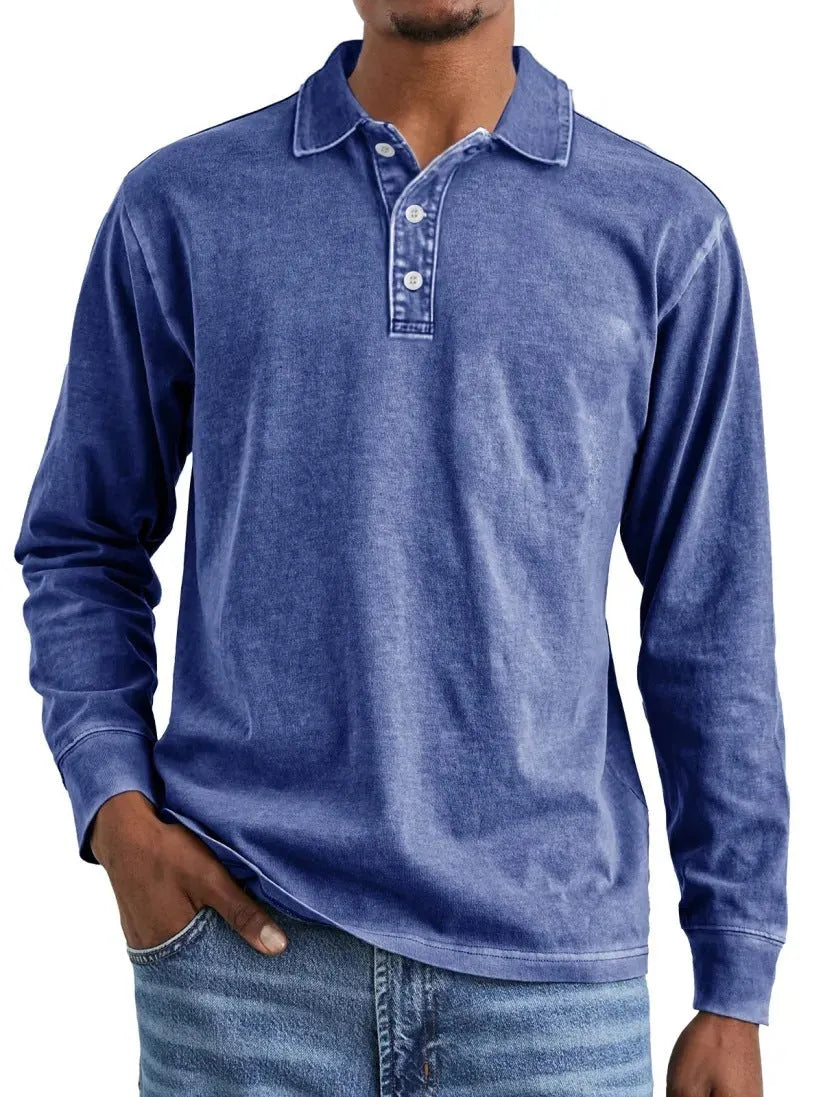 Men's long-sleeve distressed cotton polo shirt with a lapel collar in army green.