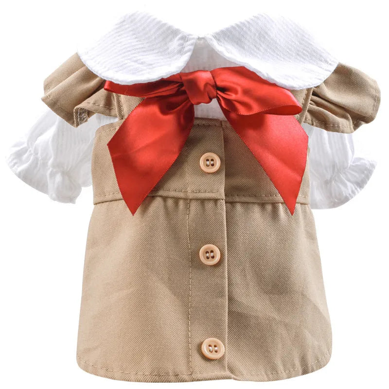 Khaki polyester trench coat for dogs on a neutral background showcasing front view and button closure
