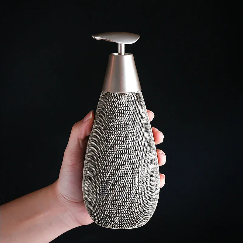 Japanese retro ceramic shower gel bottle with brushed finish in white colour, pump dispenser for bathroom use