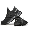 Black ultra-light steel toe anti-piercing work shoes with fly woven upper and low-top design on a white background