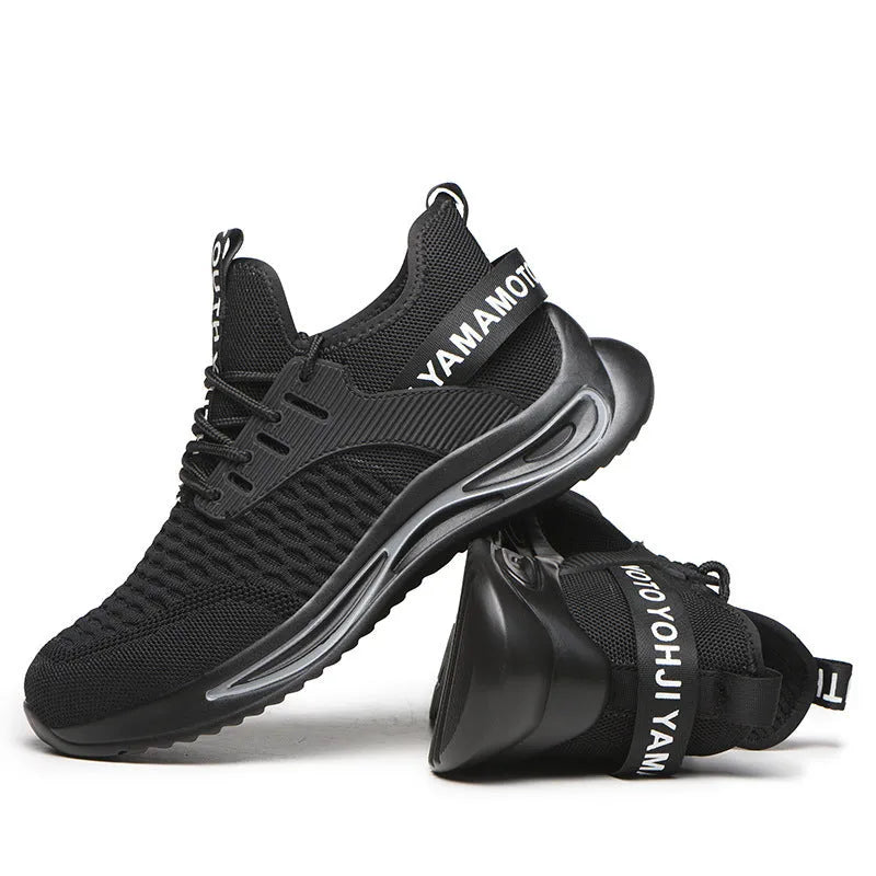 Black ultra-light steel toe anti-piercing work shoes with fly woven upper and low-top design on a white background