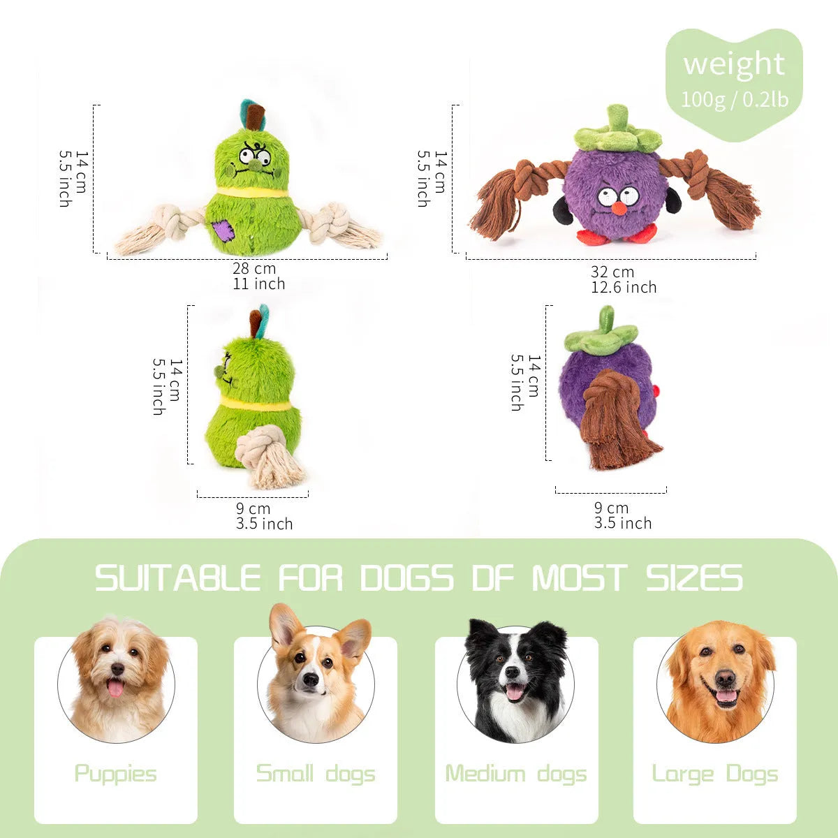 Green and purple interactive dog tug toy with long knotted rope and plush section