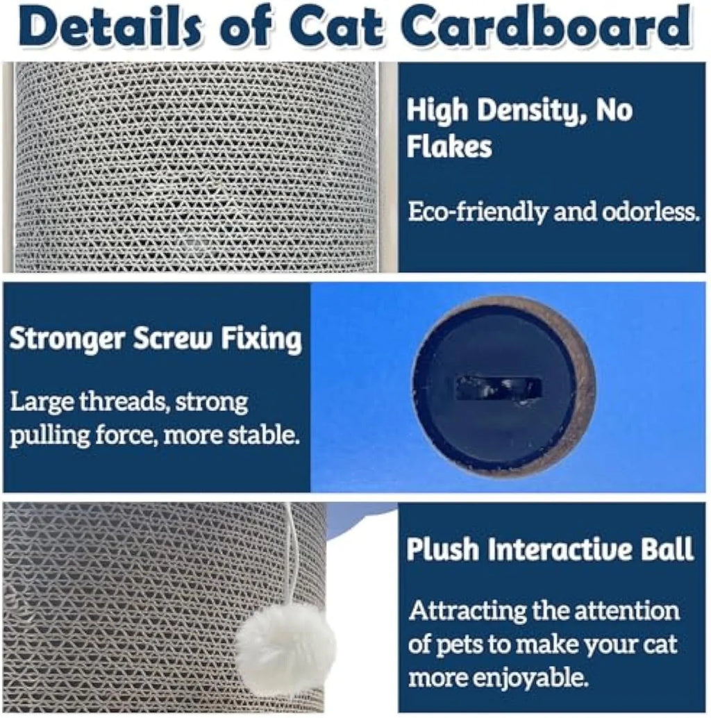 Cat corner scratcher cardboard with hanging ball, placed in a corner, vertical design for kitty scratching and play.