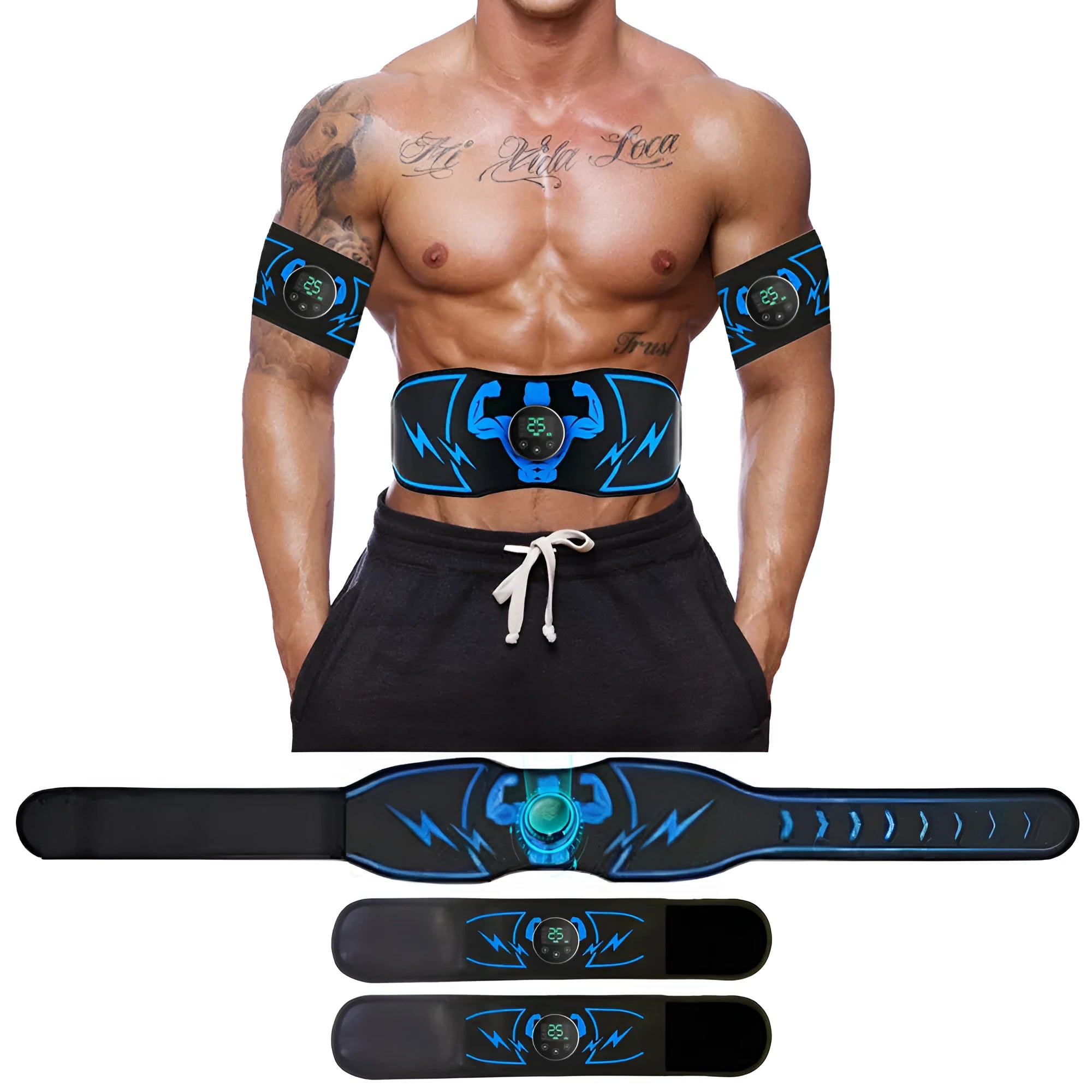 Blue EMS abdominal fitness belt with wireless remote control and arm stickers