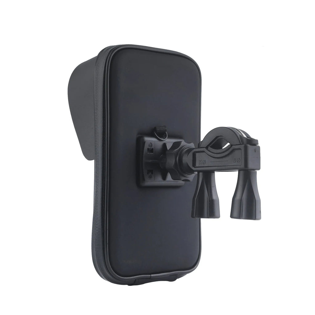 XL black bicycle waterproof phone mount bag made of PU leather, shown on handlebars with sun visor attached.