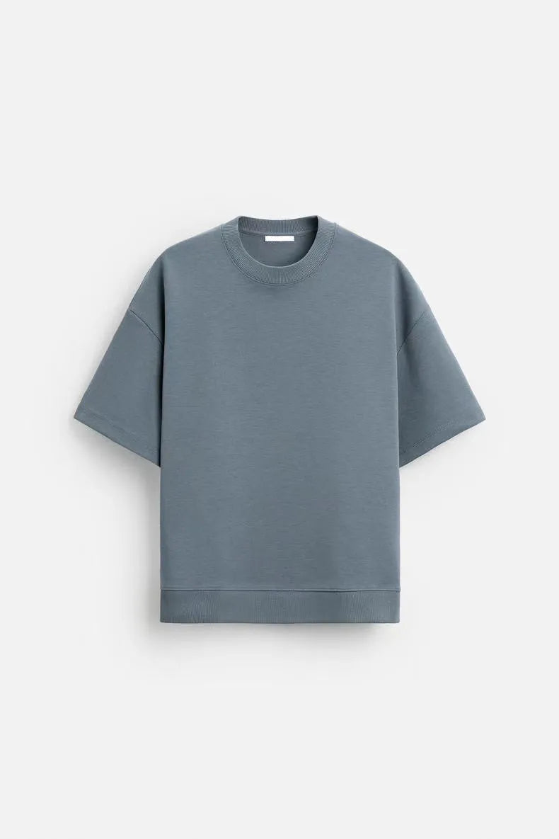 Loose double-sided cloth texture short sleeve top and matching shorts set on a hanger.