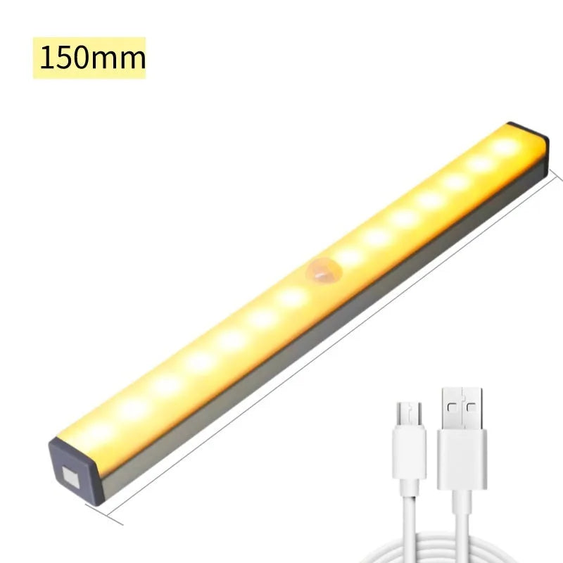 Silver aluminium magnetic LED closet light with motion sensor and USB charging port.